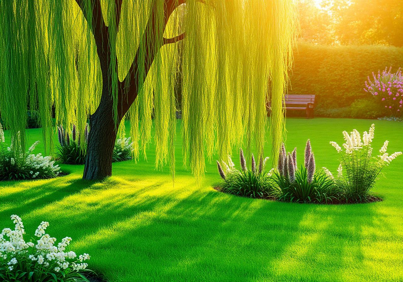 Willow tree in a sunlit garden